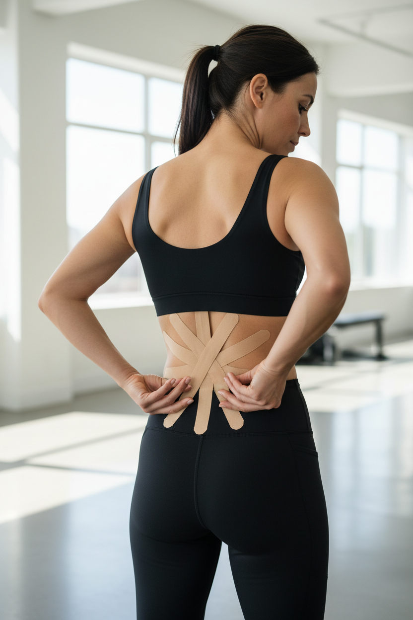 Athlete applying SpineCraft FlexTape Pro kinesiology tape to lower back in gym