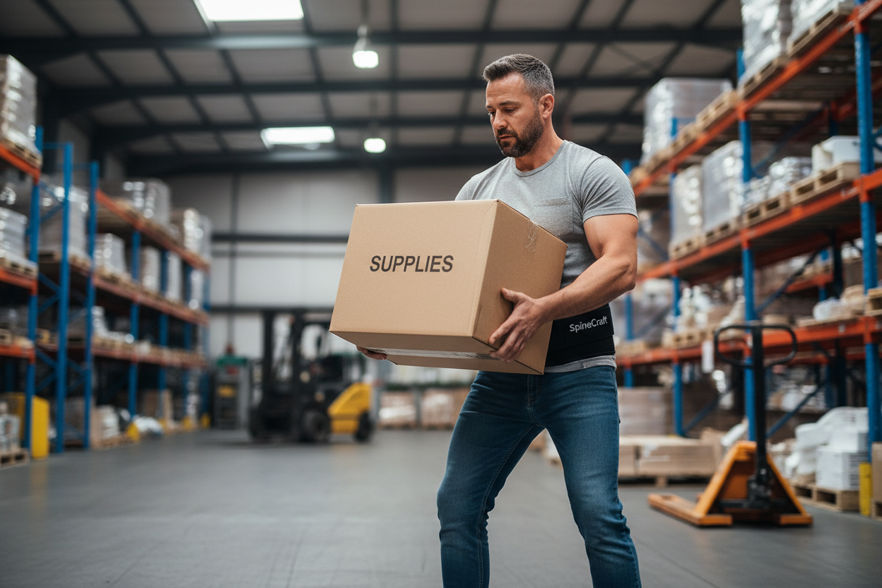 Man lifting heavy box in warehouse wearing SpineCraft CoreShield lumbar belt