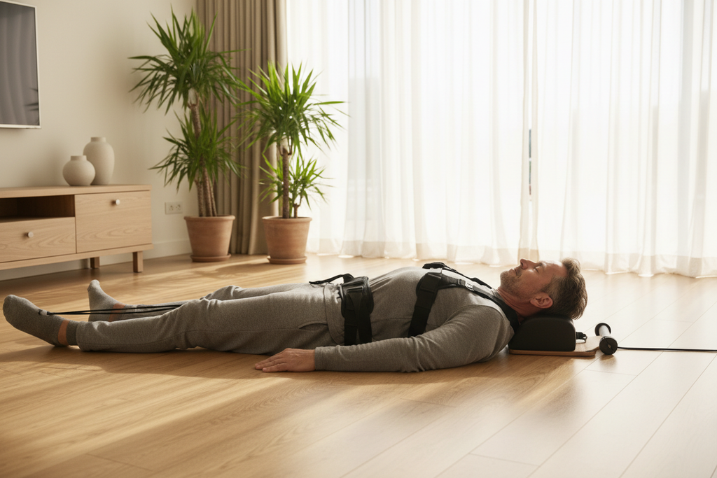 Man lying on SpineCraft LumbaTrac Pro lumbar traction device in modern living room