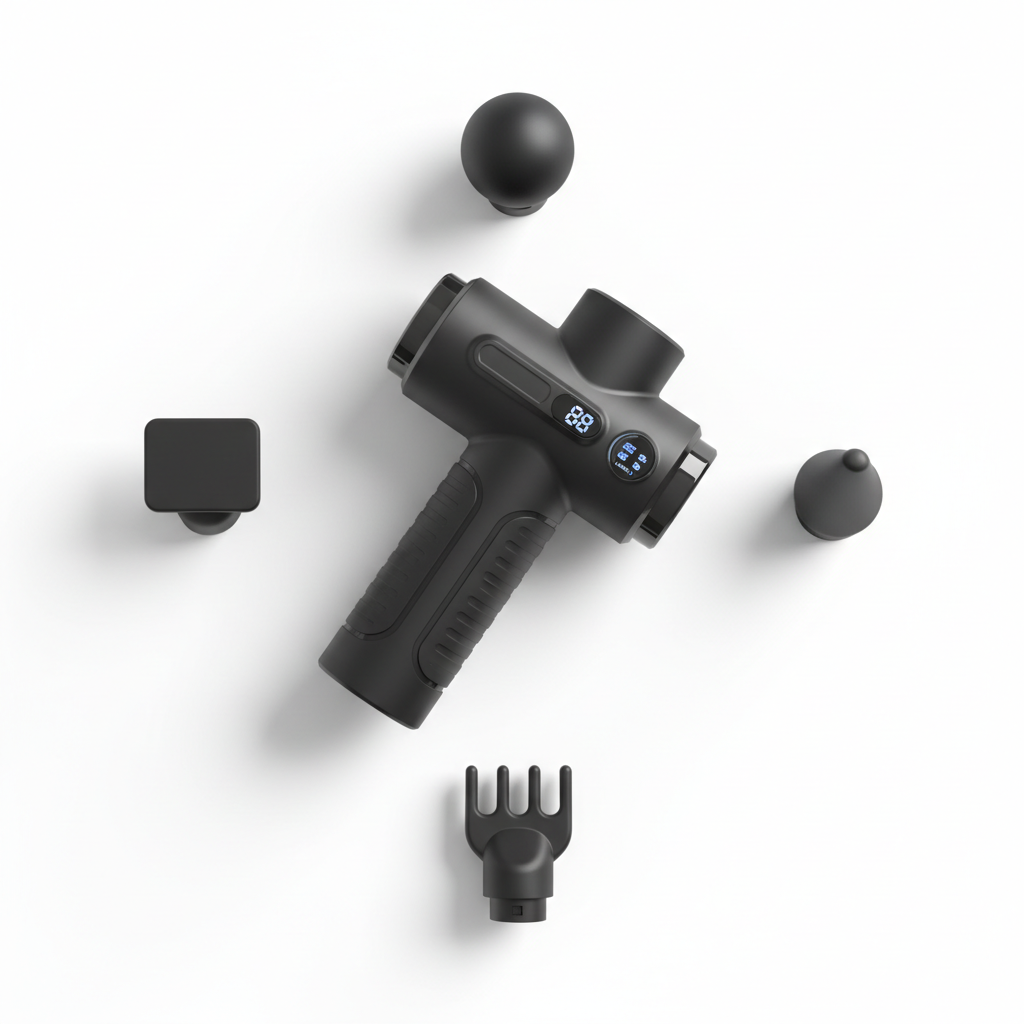 SpineCraft PulseMini matte black percussion massage gun with 4 attachment heads hero shot