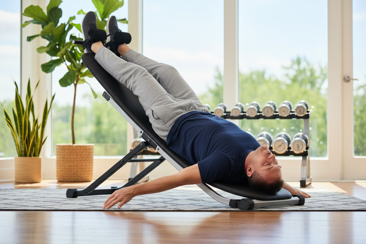 Man inverted on SpineCraft GravityFlex 800 inversion table in modern home gym