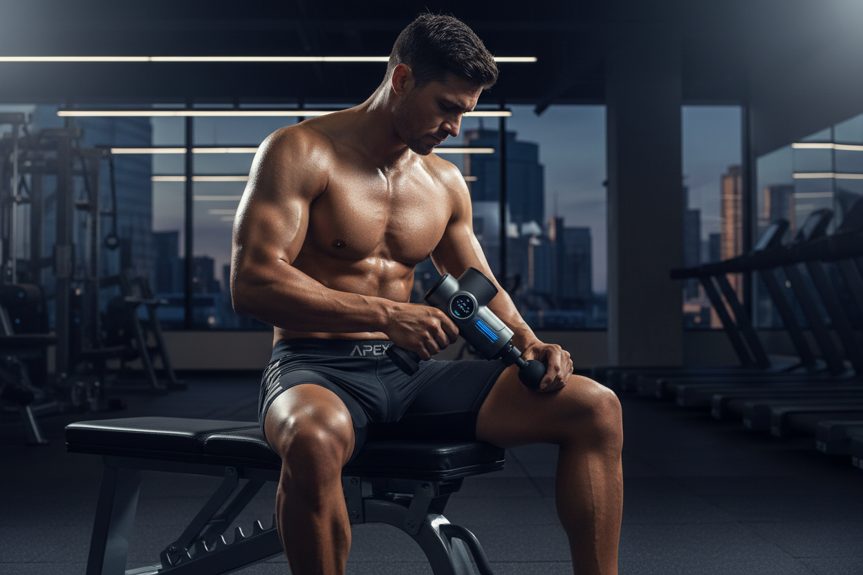 Professional athlete using SpineCraft PulseMax Pro massage gun on quadriceps in gym