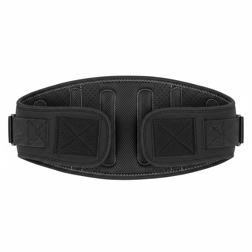 SpineCraft CoreShield black neoprene lumbar support belt flat lay hero shot