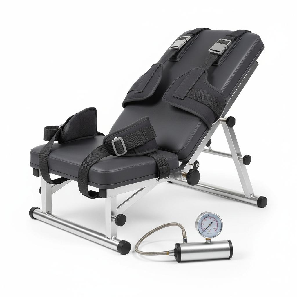 SpineCraft LumbaTrac Pro home lumbar traction device with harnesses and pressure gauge hero shot