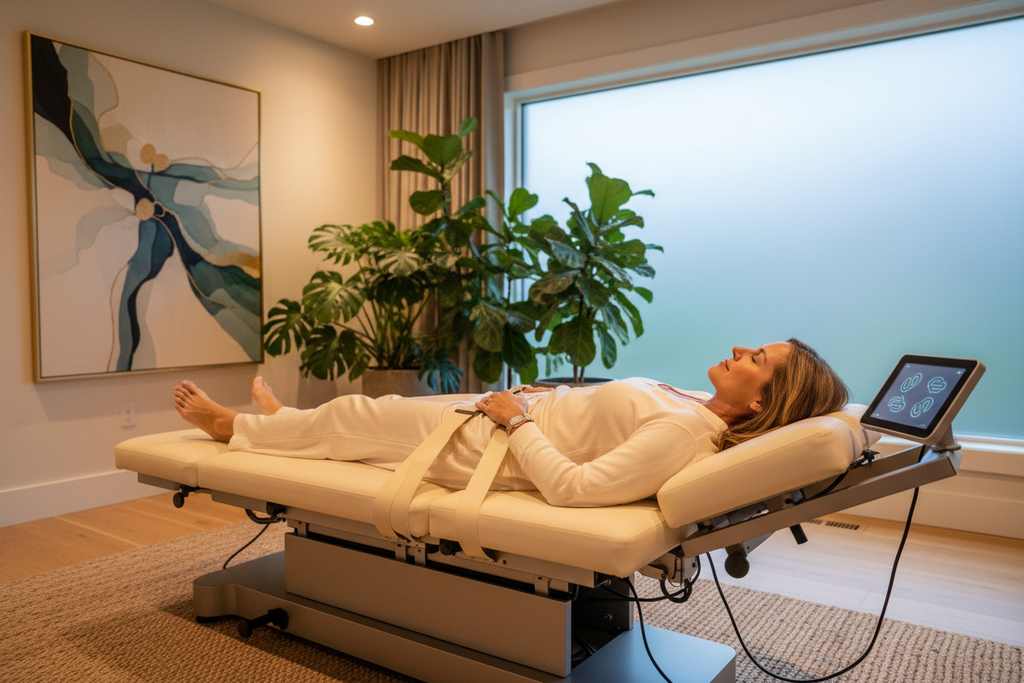 Woman relaxing on SpineCraft DecompressionTable Elite motorized decompression table in home wellness room
