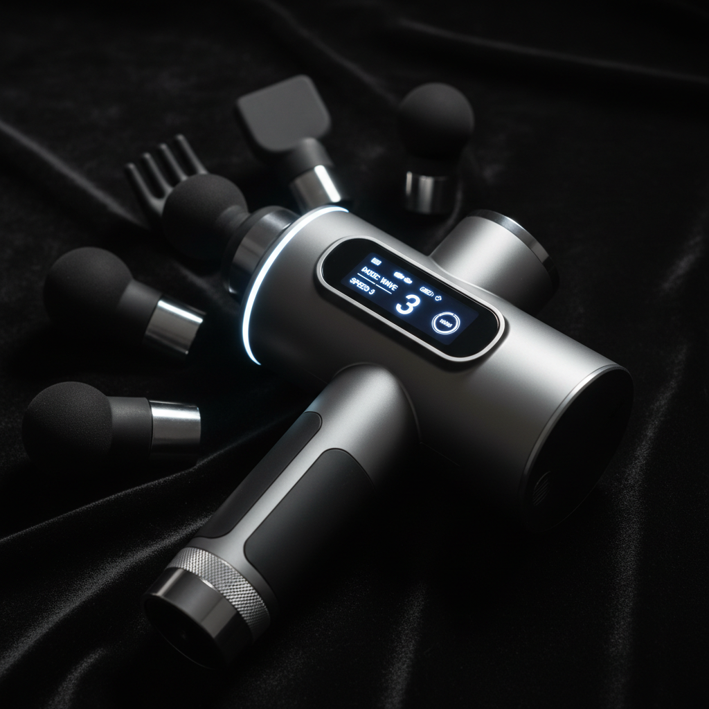SpineCraft PulseMax Pro premium aluminum percussion massage gun with OLED screen and 6 heads hero shot
