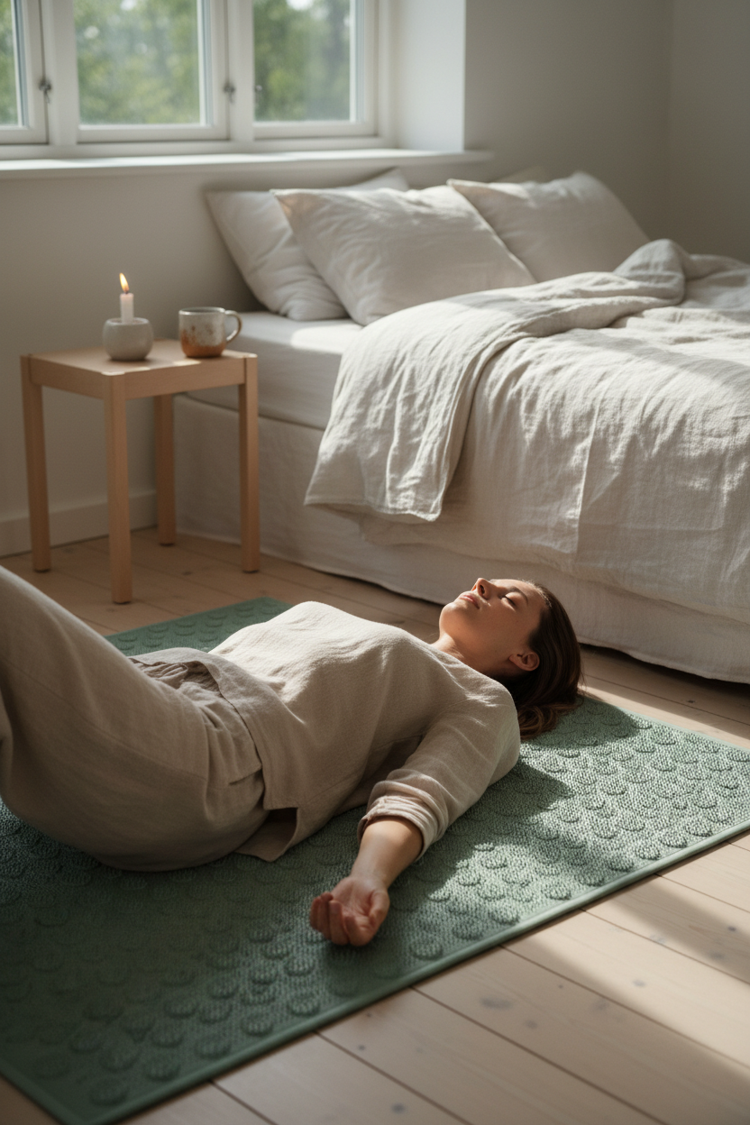 Woman relaxing on sage green acupressure mat in sunlit bedroom