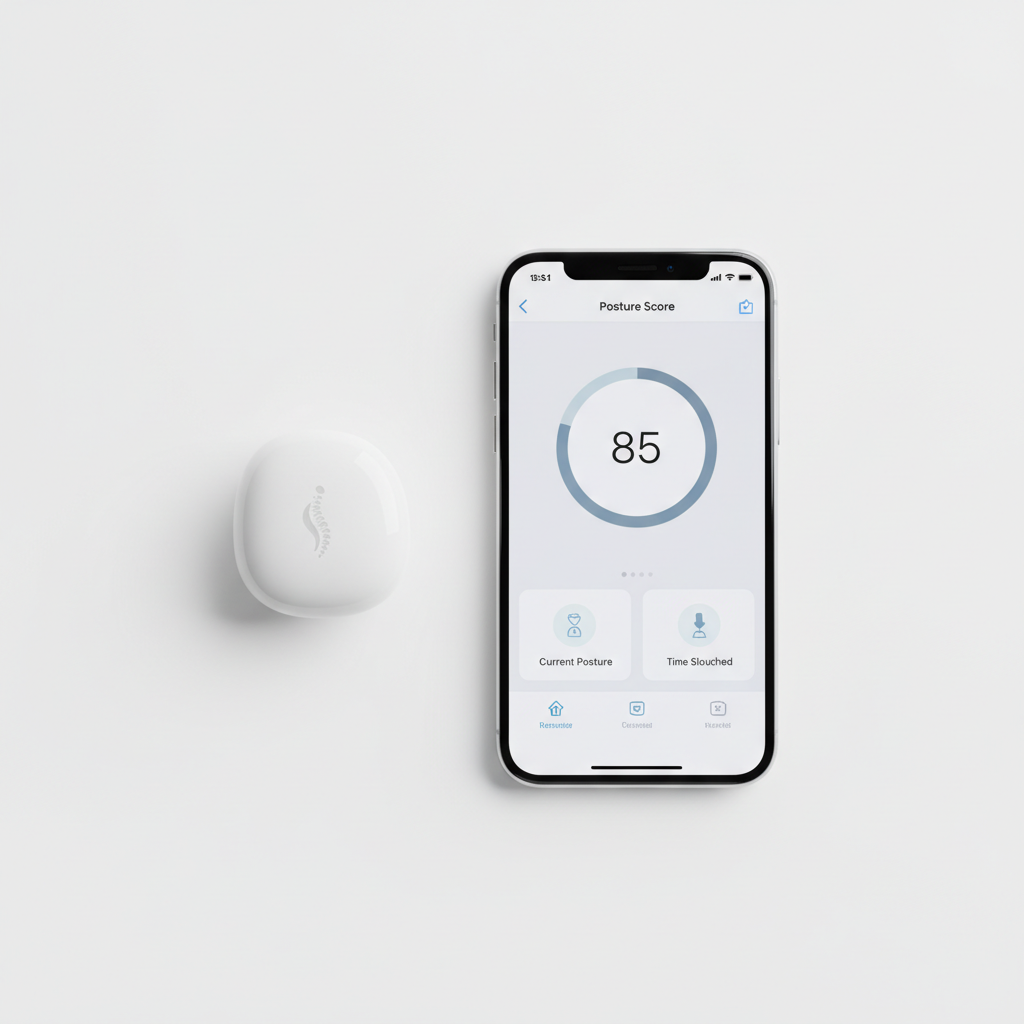 SpineCraft AlignTrack Bluetooth posture wearable with companion app on iPhone hero shot