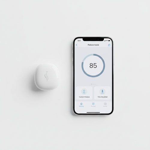 SpineCraft AlignTrack Bluetooth posture wearable with companion app on iPhone hero shot