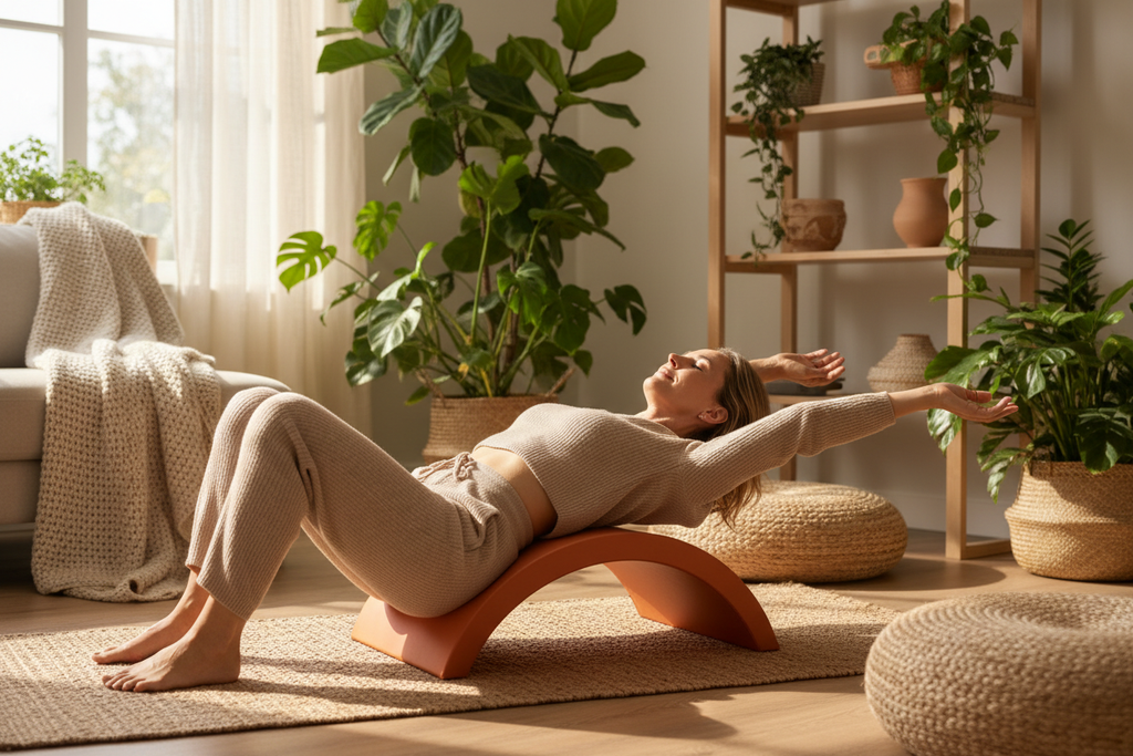 Woman lying on SpineCraft StretchArch back stretcher on yoga mat in sunlit living room