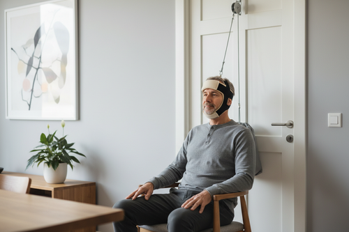 Man sitting in chair using SpineCraft CervaTrac Home over-the-door cervical traction unit