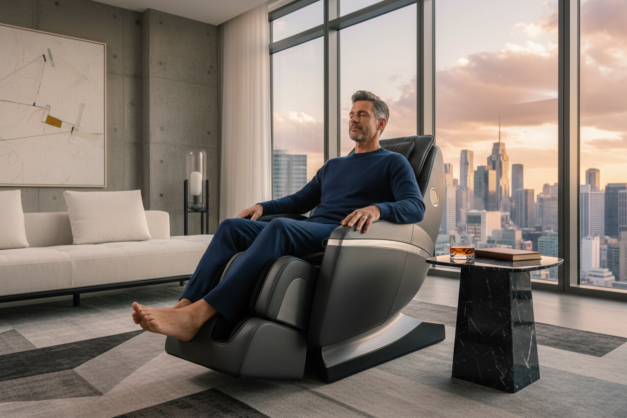 Man relaxing in SpineCraft ThroneOne zero-gravity massage chair in luxury penthouse at golden hour