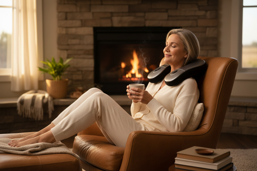 Woman relaxing with SpineCraft KneadPro shiatsu massager draped over shoulders in armchair