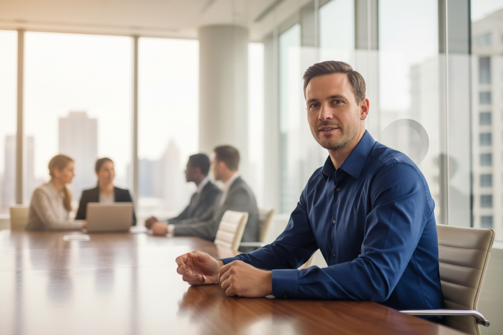 Professional man sitting upright in office wearing SpineCraft AlignTrack posture trainer under shirt