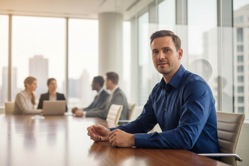 Professional man sitting upright in office wearing SpineCraft AlignTrack posture trainer under shirt