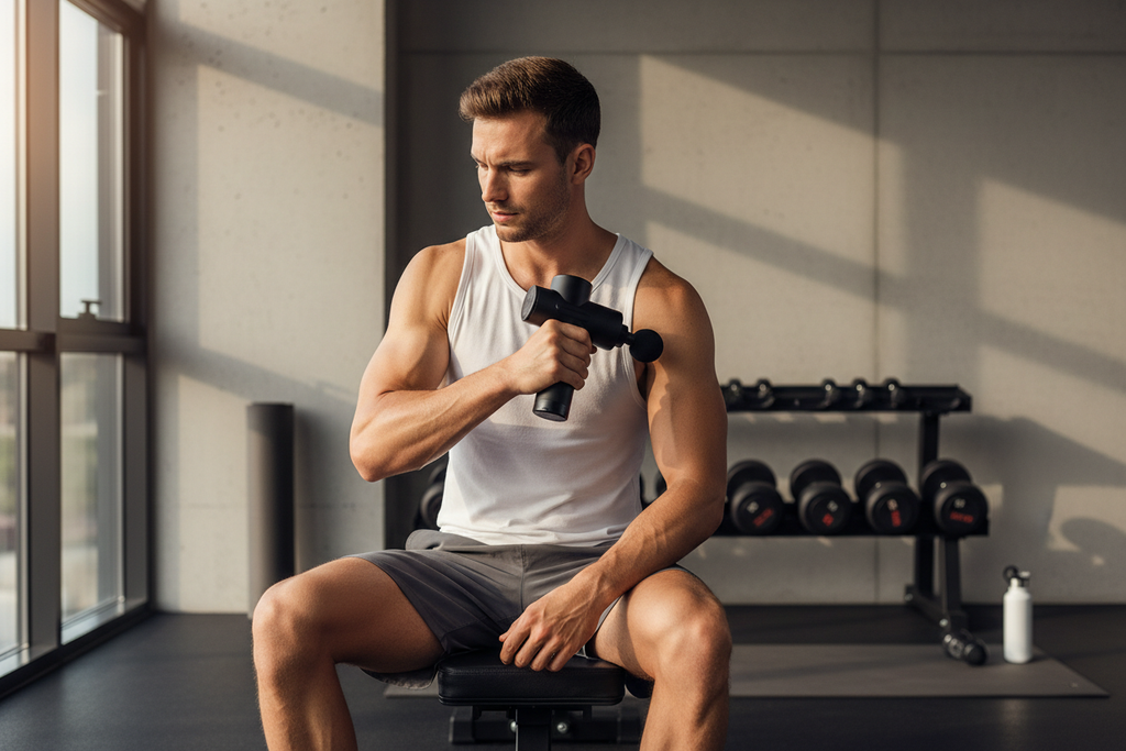 Athletic man using SpineCraft PulseMini massage gun on shoulder after workout