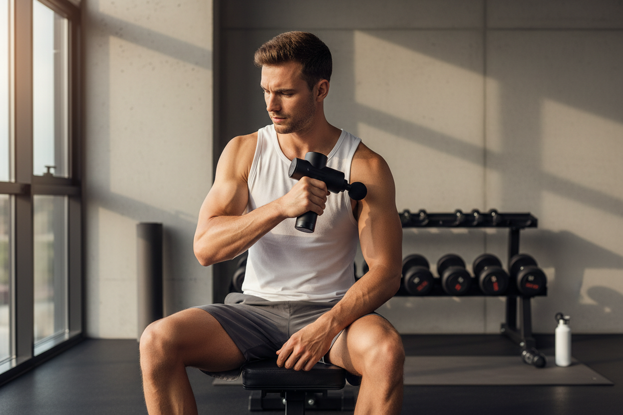 Athletic man using SpineCraft PulseMini massage gun on shoulder after workout