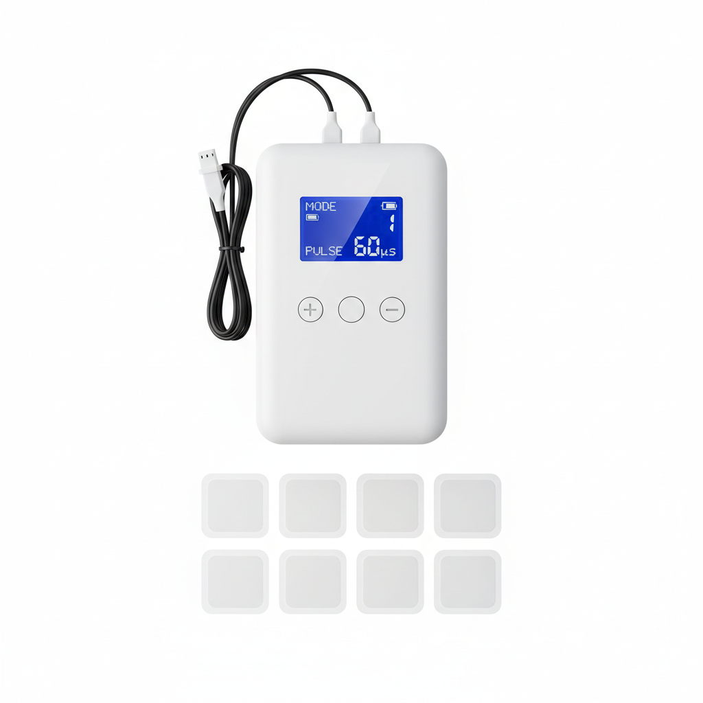 SpineCraft PulseTherapy TENS EMS unit with gel pads and lead wires hero shot