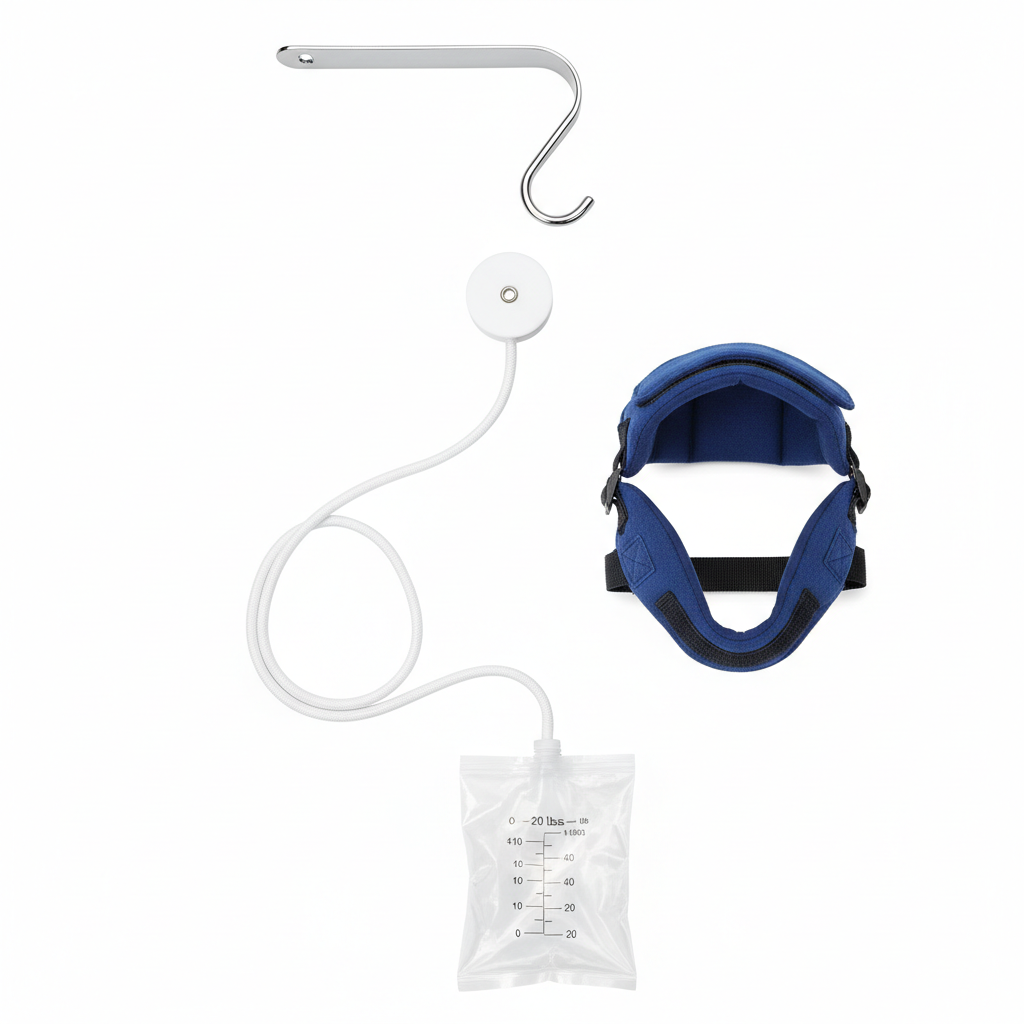 SpineCraft CervaTrac Home cervical traction kit components laid out on white background